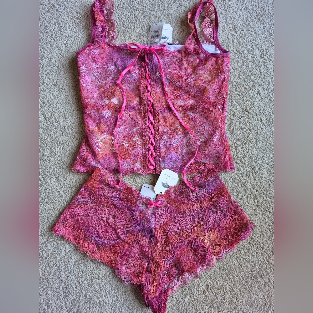 NWT Vintage Leigh Bantivoglio Pink French Lace Corset Camisole Set Size S